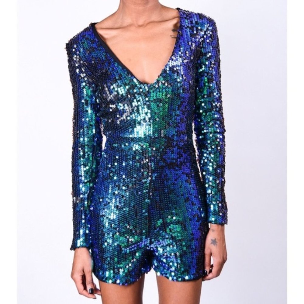 HaoDuoYi Women's Sparkly Sequin Deep V Neck Romper